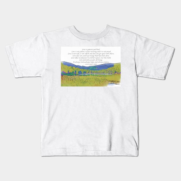 Love Is Patient: Mountain Lake In Watercolor Kids T-Shirt by KirtTisdale